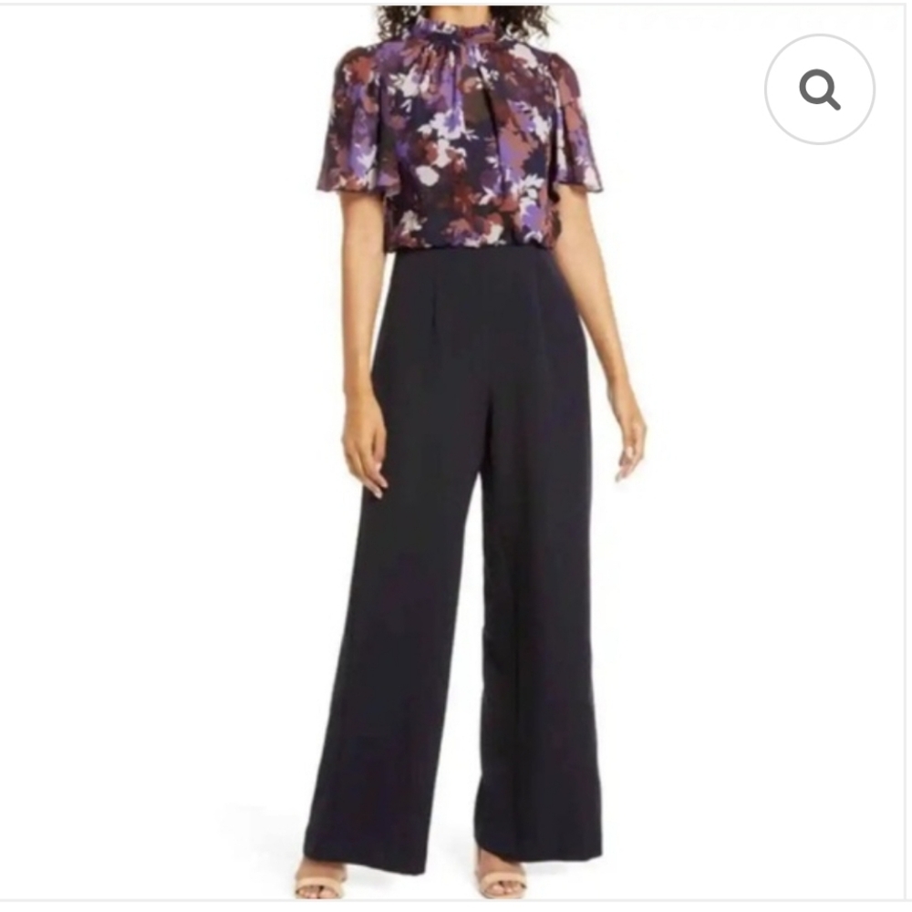 JULIA JORDAN Floral Bodice Chiffon And Crepe Black Jumpsuit Size 6